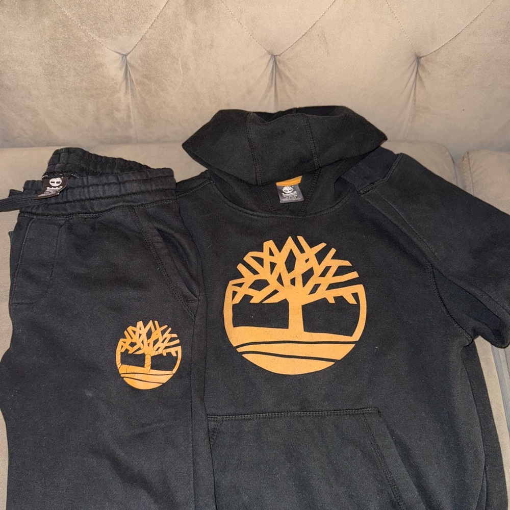 Boys Black Timberland Hoodie and Joggers Set with Gold Logo M 10/12
